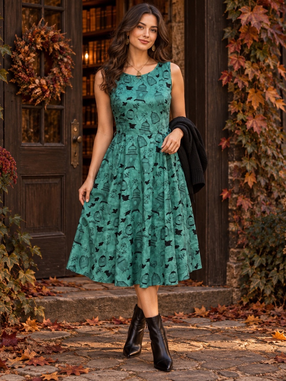Lady Vintage London Hepburn Dress Size 14 Green Birdcage Retro 50s Swing